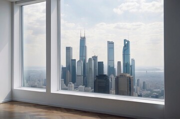 Fototapeta na wymiar Interior skyscrapers view cityscape mockup of a blank room with a white wall during the day. Skyline view from a high-rise window. A gorgeous real estate with a view.