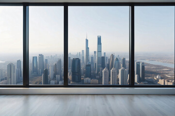 Interior skyscrapers view cityscape mockup of a blank room with a white wall during the day. Skyline view from a high-rise window. A gorgeous real estate with a view.
