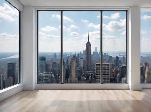 Fototapeta Interior skyscrapers view cityscape mockup of a blank room with a white wall during the day. Skyline view from a high-rise window. A gorgeous real estate with a view.