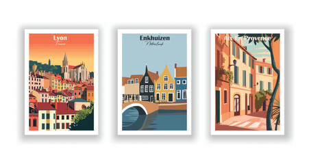 Aix En Provence, France. Enkhuizen, Netherlands. Lyon, France - Vintage travel poster. High quality prints