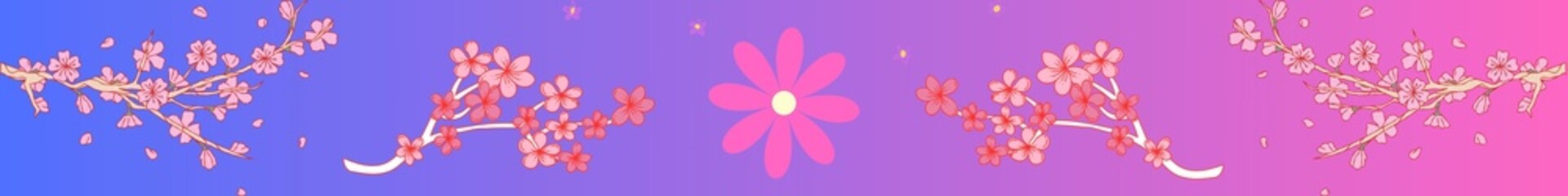 Pink and purple floral, leaf and petals on gradient background. Horizontal frame art beautiful design 