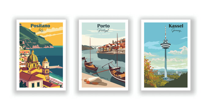 Kassel, Germany. Porto, Portugal. Positano, Italy  - Vintage travel poster. High quality prints