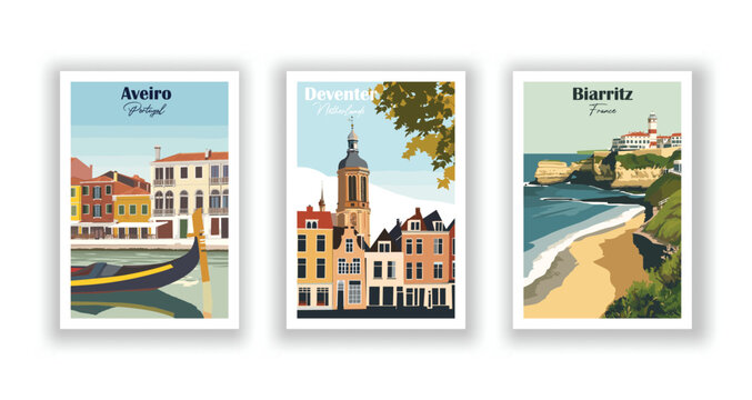 Aveiro, Portugal. Biarritz, France. Deventer, Netherlands - Vintage travel poster. High quality prints