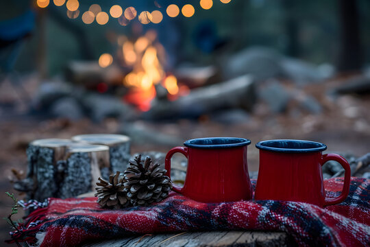 Two mugs of hot drinks by the fireplace, coffee, hot chocolate, tea, cosy winter day