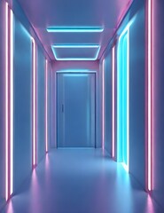 Abstract blue interior or corridor with neon light. Fluorescent lamp. Futuristic architecture background. 3d illustration of neon lamps that illuminate interior space. Mock-up for your design project 
