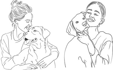 continuous line drawing of happy pet lover with dog