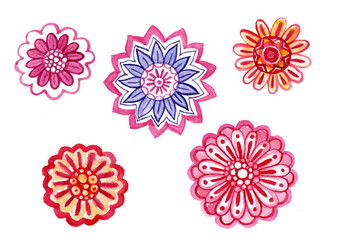 Fototapeta na wymiar Set of decorative flowers on a white background. Filled with various ornaments and colors. Watercolor. Different shades of pink, red, blue, orange colors. Lines, dots, zigzags, waves. Stylization.