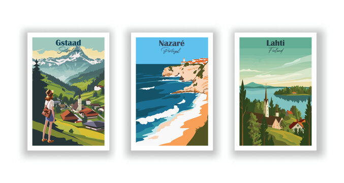 Gstaad, Switzerland. Lahti, Finland. Nazar&eacute;, Portugal - Vintage travel poster. High quality prints