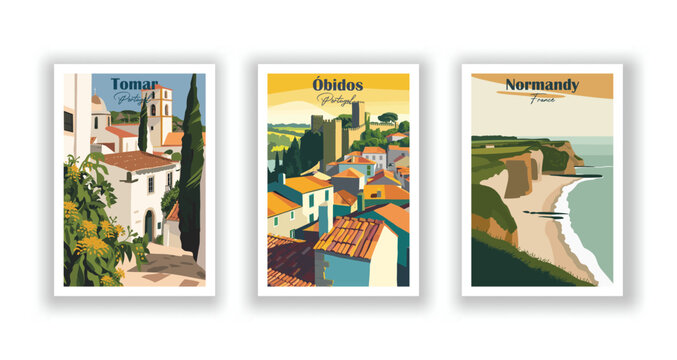 Normandy, France. Óbidos, Portugal. Tomar, Portugal - Vintage travel poster. High quality prints