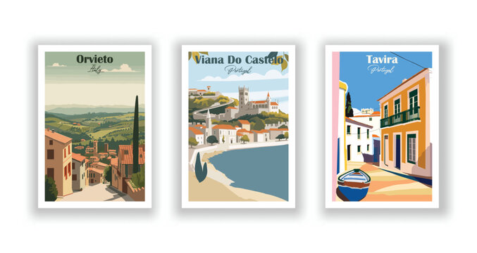 Orvieto, Italy. Tavira, Portugal. Viana Do Castelo, Portugal - Vintage travel poster. High quality prints