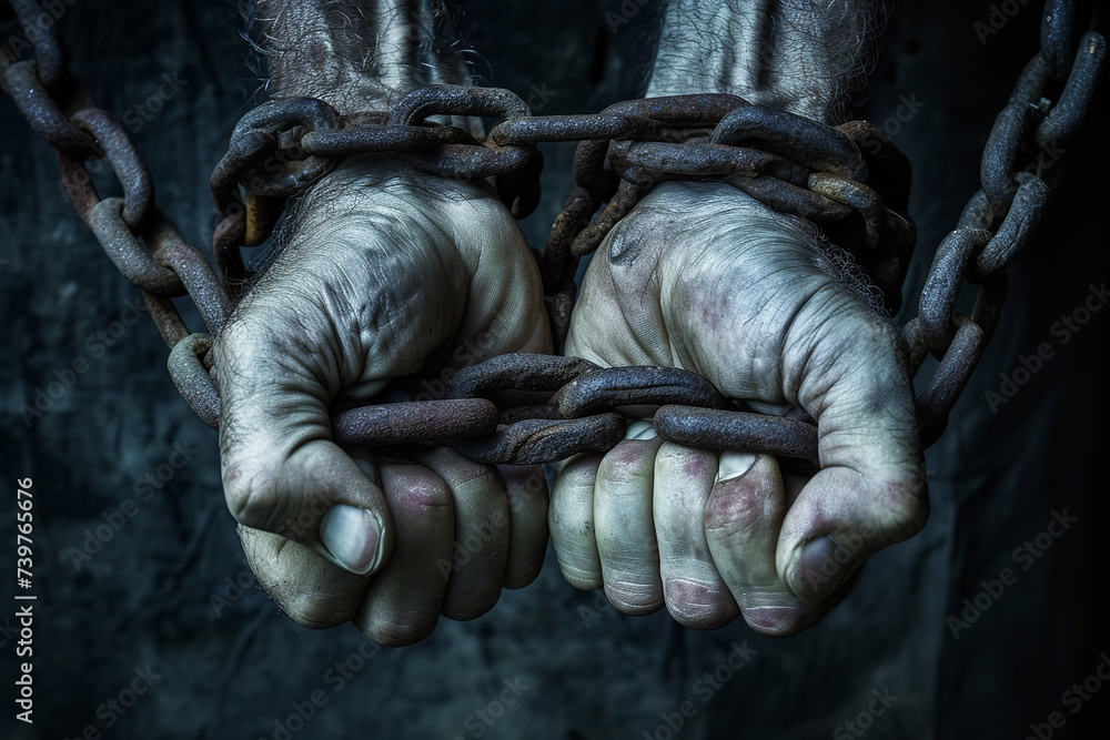 Wall mural hands of a prisoner clutching a large iron chain