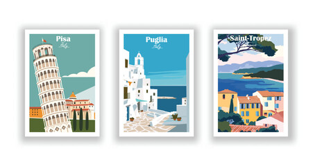 Pisa, Italy. Puglia, Italy. Saint-Tropez, France - Vintage travel poster. High quality prints