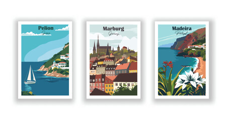 Madeira, Portugal. Marburg, Germany. Pelion, GreeceMadeira, Portugal. Marburg, Germany. Pelion, Greece - Vintage travel poster. High quality prints