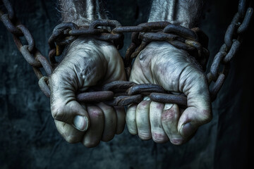 hands of a prisoner clutching a large iron chain - Powered by Adobe