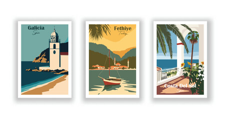 Costa Del Sol, Spain. Fethiye, Turkey. Galicia, Spain - Vintage travel poster. High quality prints - obrazy, fototapety, plakaty