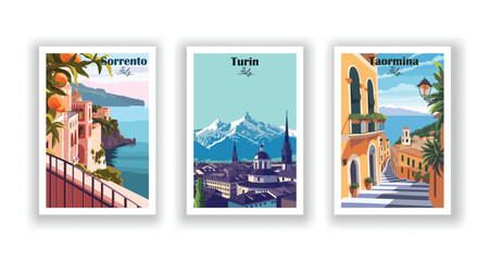 Sorrento, Italy. Taormina, Italy. Turin, Italy - Vintage travel poster. High quality prints