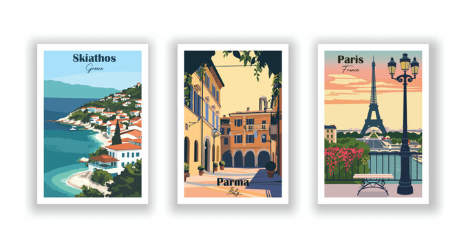 Paris, France. Parma, Italy. Skiathos, Greece - Vintage travel poster. High quality prints