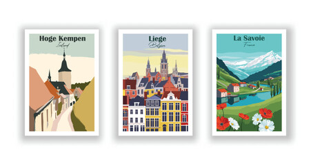 Hoge Kempen, Belgium. La Savoie, France. Liege, Belgium - Vintage travel poster. High quality prints - obrazy, fototapety, plakaty