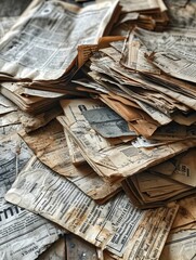 Old newspapers, receipts, sketches in a pile view from above