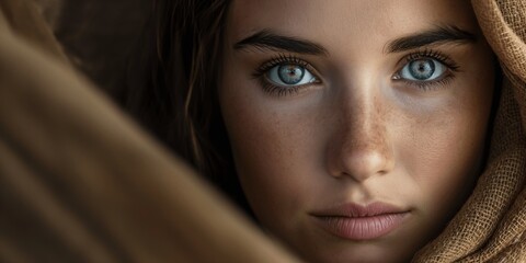 Biblical character. Close-up of a young woman's face. Bible, faith and religion.