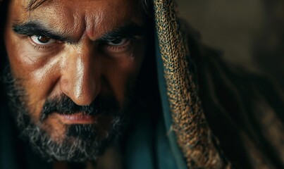 Biblical character. Close-up of a man's face on a dark background.