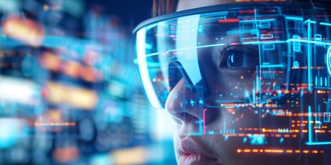 Tech Innovation Futuristic image of a person wearing augmented reality glasses, showcasing the latest in technology