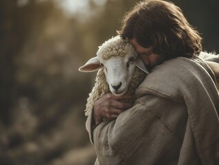 Jesus Christ hugs a little lamb.