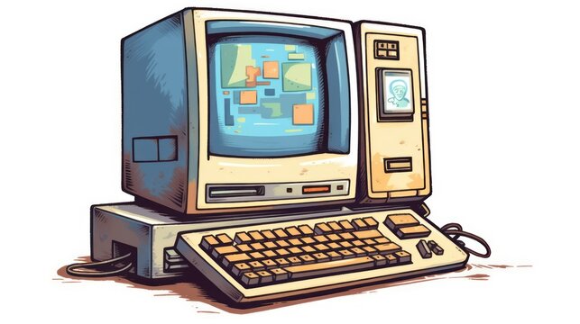 Cartoon retro computer monitor with keyboard retro vector illustration kitsch vintage
