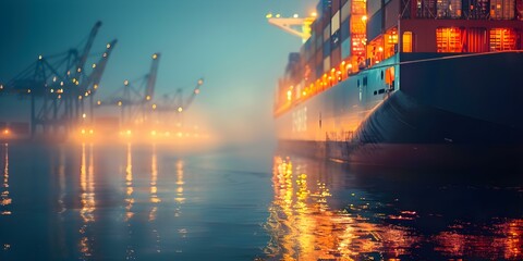 Container ship at dock at night symbolizing efficient logistics and global trade. Concept Global Trade, Logistics Efficiency, Container Shipping, Night Scene, Dock Operations - obrazy, fototapety, plakaty