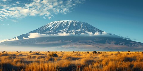 Iconic Mount Kilimanjaro rises majestically above the vast African savannah landscape. Concept Travel, Nature, Africa, Landscapes, Mount Kilimanjaro