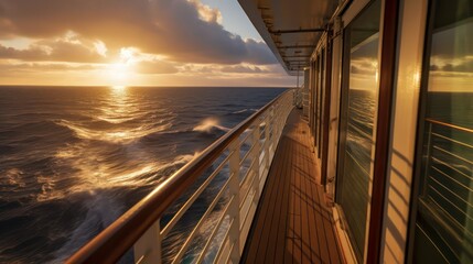 View from the deck of the cruise ship to the ocean. Sea horizon, clouds, blue tropical sky