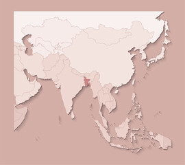 Vector illustration with asian areas with borders of states and marked country Bangladesh. Political map in brown colors with regions. Beige background