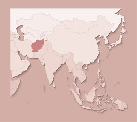 Vector illustration with asian areas with borders of states and marked country Afghanistan. Political map in brown colors with regions. Beige background