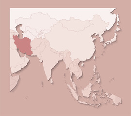 Vector illustration with asian areas with borders of states and marked country Iran. Political map in brown colors with regions. Beige background