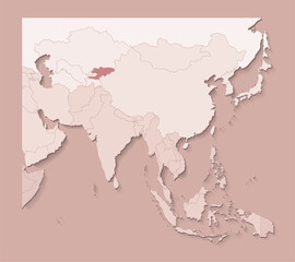 Vector illustration with asian areas with borders of states and marked country Kyrgyzstan. Political map in brown colors with regions. Beige background