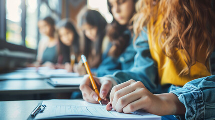 Student Taking Notes in Classroom Setting. Close-up of a student's hand writing detailed notes during a focused classroom lecture session.