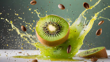 Fresh Kiwi falling with juice splashes close up 