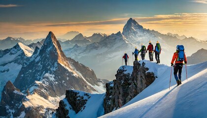 Sporty hiking and magnificent snowy mountains by a group of professional mountaineers - obrazy, fototapety, plakaty
