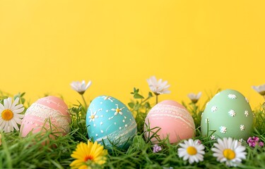 Fototapeta na wymiar Colorful Easter Eggs Adorned With Patterns Hidden Among Green Grass and Spring Flowers.