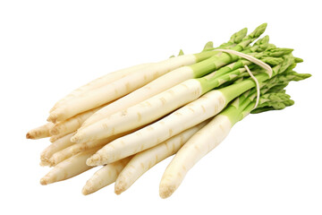 A group of white asparagus is neatly arranged showcasing their pale color and distinctive shape. on a White or Clear Surface PNG Transparent Background.