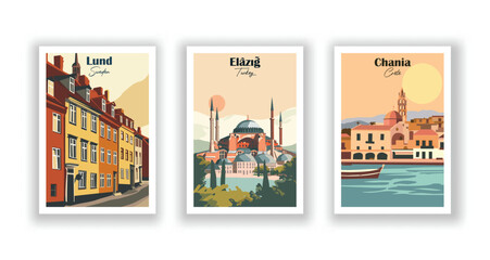 Chania, Crete. Elâzığ, Turkey. Lund, Sweden - Vintage travel poster. High quality prints