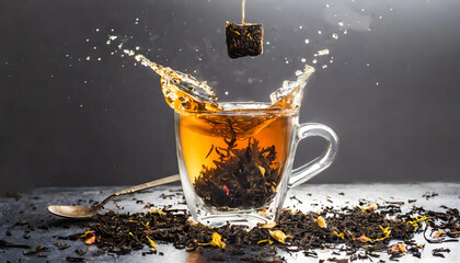 Tea splashing in a teacup with tea leaves - obrazy, fototapety, plakaty