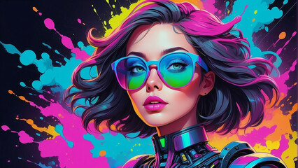 Obraz premium Close up of a woman wearing glasses with short hair against a background of paint splashes and neon lights
