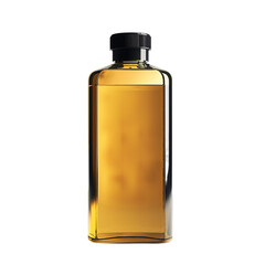 Rectangular oil-filled glass bottle on an isolated background