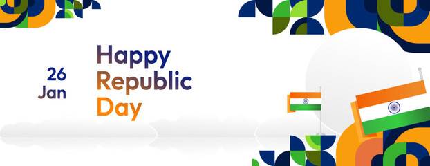 India Republic Day banner in colorful modern geometric style. Happy Indian national republic day greeting card cover with typography. Vector illustration for national holiday celebration party