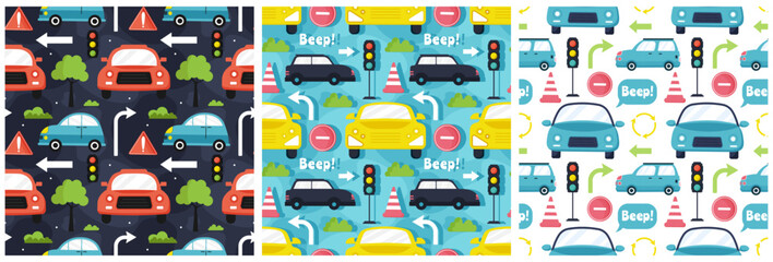 Car Toys Seamless Pattern Design with Boys and Girls Children Toy Equipment in Cartoon Illustration