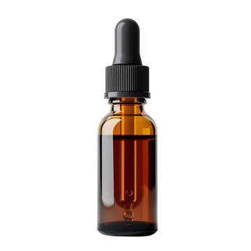Liquid-filled unlabeled amber dropper bottle on an isolated background