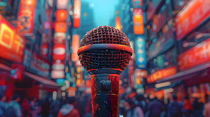 A microphone in a city square with banners and street performers, Urban Bustle