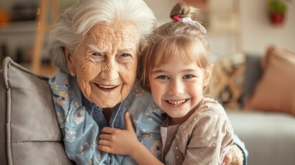 Heartwarming Grandma and niece moments captured for emotional impact in living room - obrazy, fototapety, plakaty