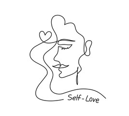 Continuous line drawing of a beautiful woman with a heart in self love concept, editable lineart vector.